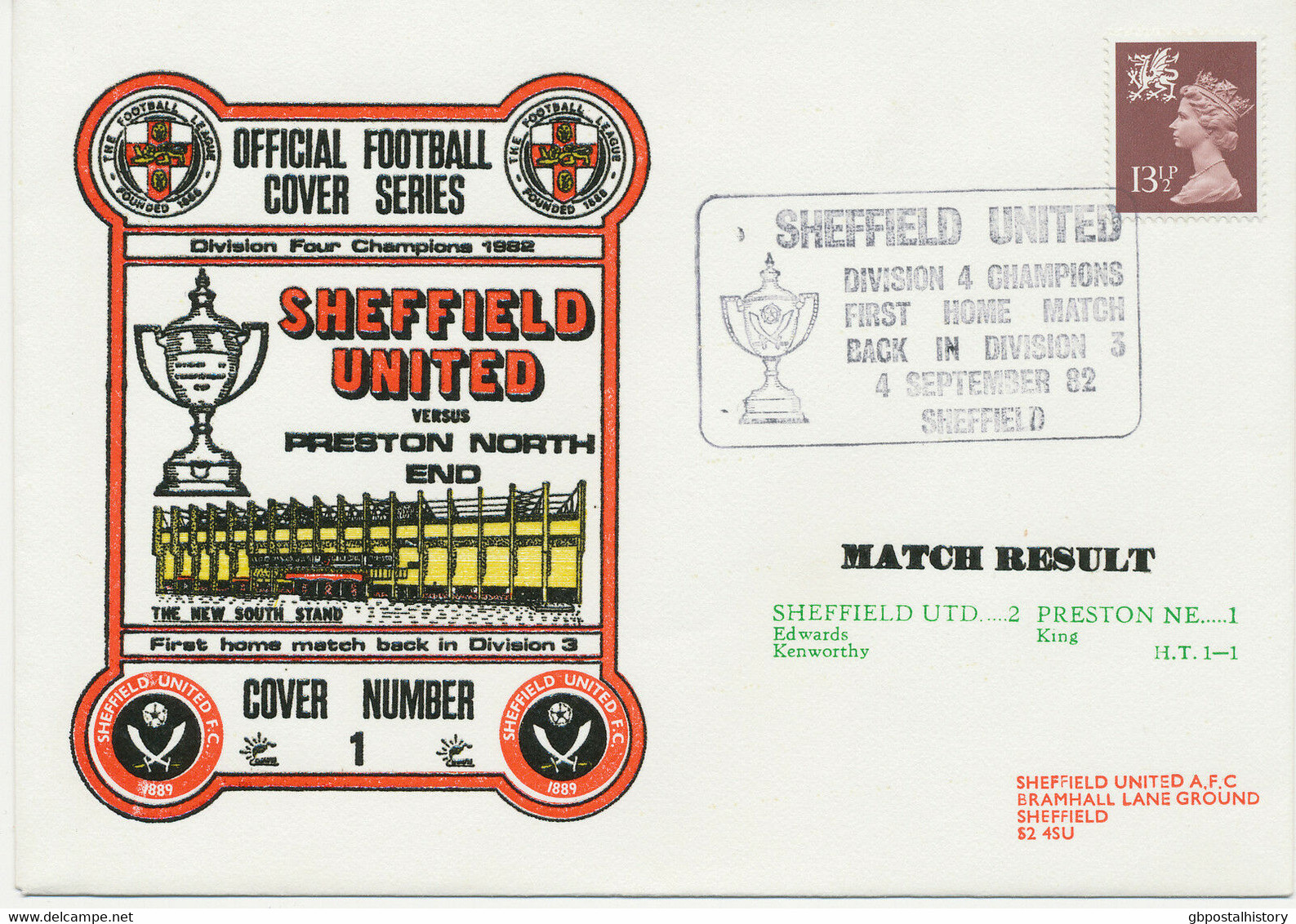 GB 1982 Sheffield United Division 4 Champions First Home Match Back In Division 3 Sheffield - Official Football League - Storia Postale