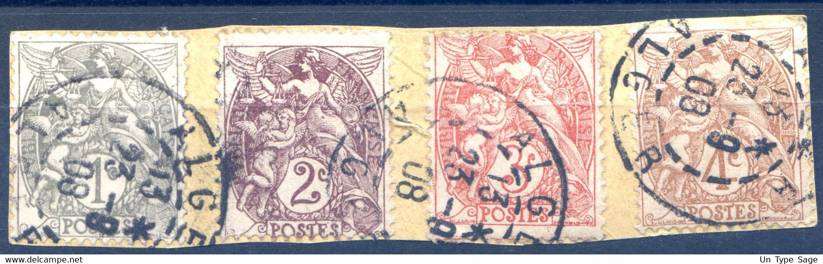 France N°107, 108, 109 Et 110 TAD ALGER, Alger 23.8.1908 Sur Fragment - (F093) - 1900-29 Blanc