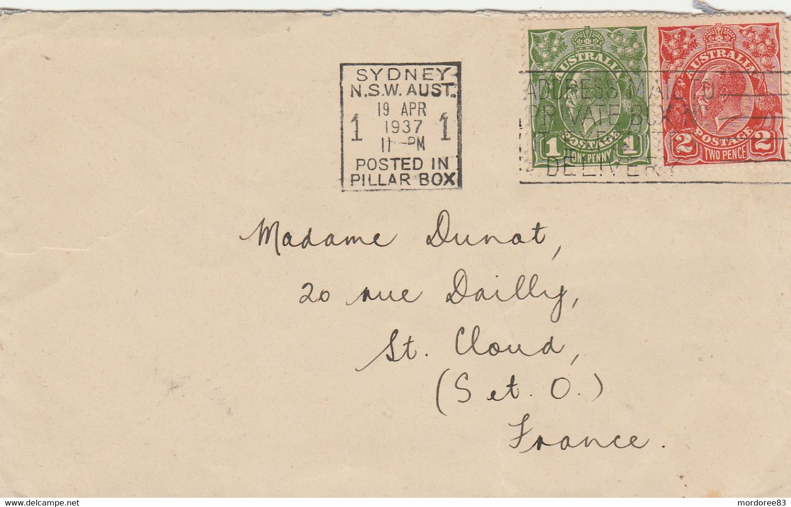 AUSTRALIE LETTRE COVER SYDNEY 19/4/1937 POUR FRANCE SAINT CLOUD - Briefe U. Dokumente