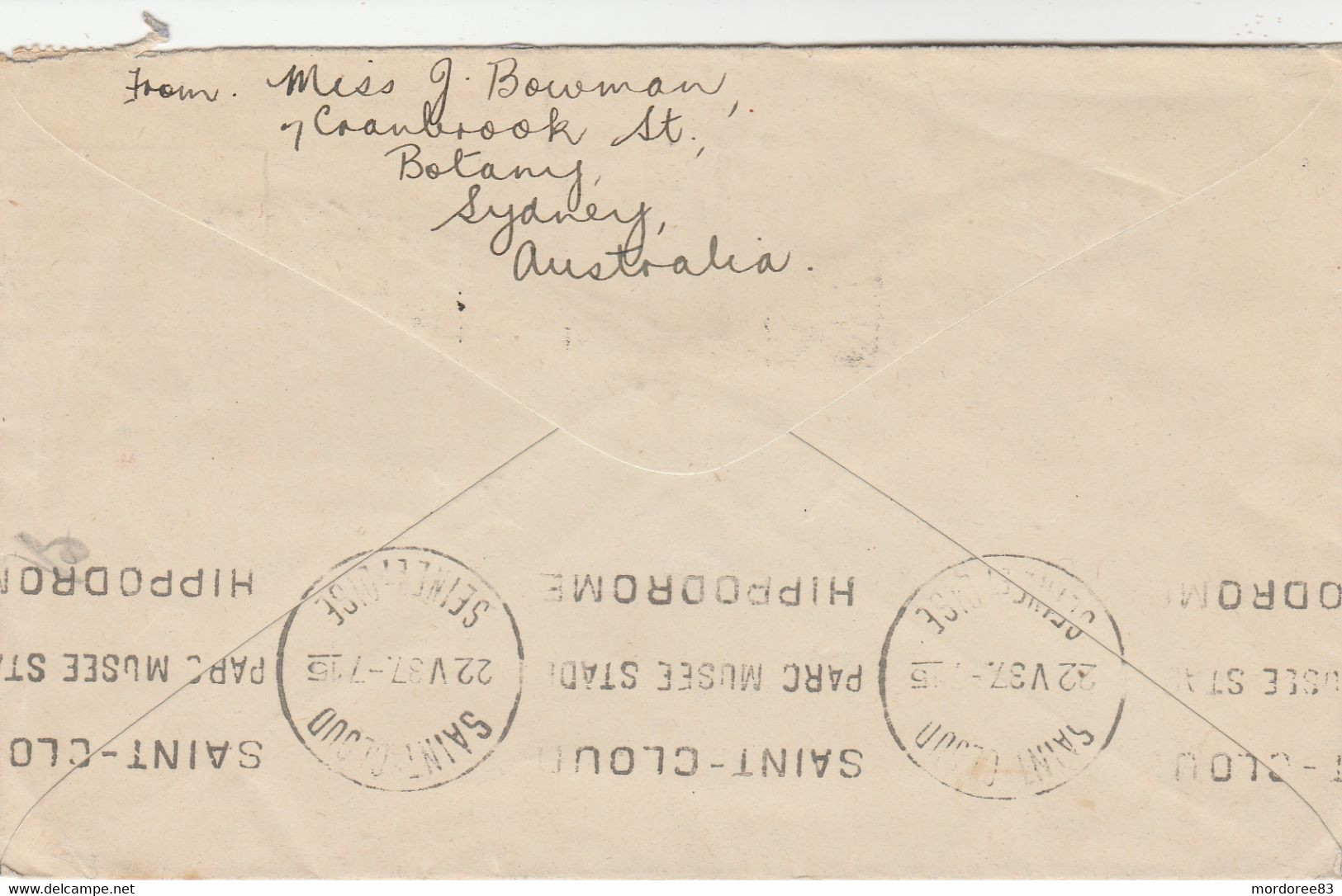 AUSTRALIE LETTRE COVER SYDNEY 19/4/1937 POUR FRANCE SAINT CLOUD - Brieven En Documenten