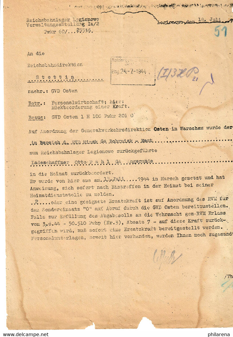 GG: Ostbahn: Legionowo Nach Stettin, Personalrückgabe Wegen Rückzug 18.7.44 - Occupation 1938-45