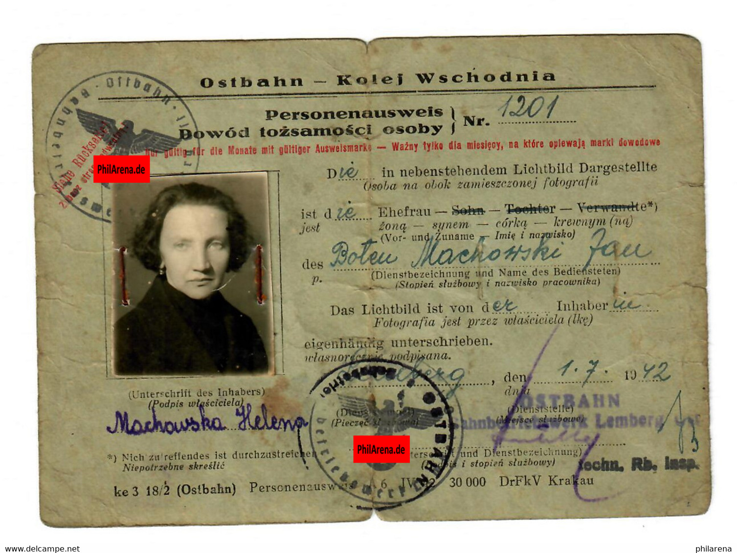 GG Ostbahn: Personenausweis Ehefrau Lemberg 1942 - Occupation 1938-45