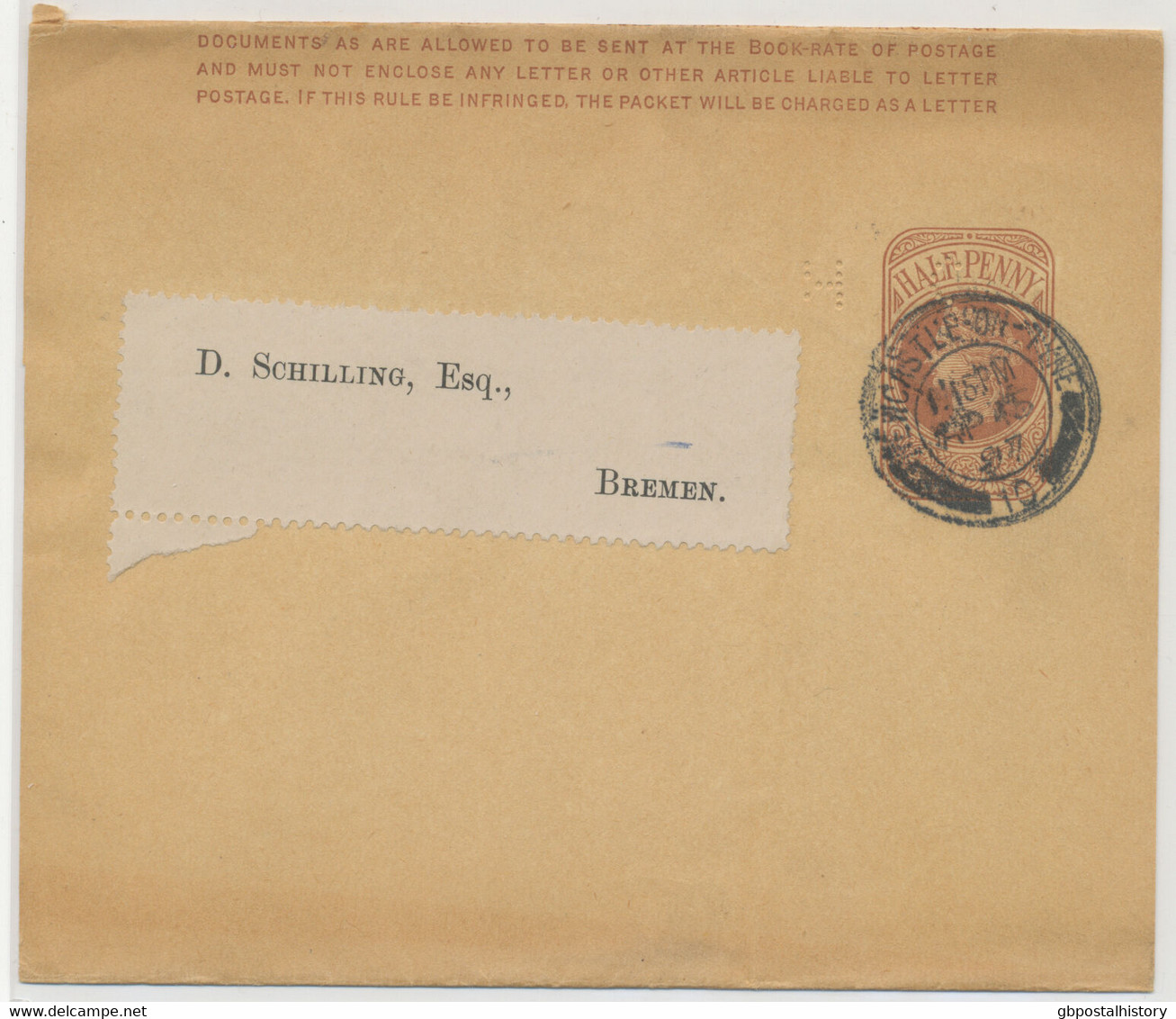 GB 1897 QV ½ D Postal Stationery Wrapper NEWCASTLE-ON-TYNE To BREMEN PERFIN R! - Perforés