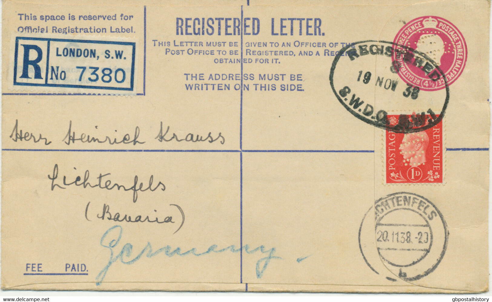 GB 1938 GV 4 1/2 D Lilac Superb Postal Stationery Registered Envelope PERFIN - Perforés
