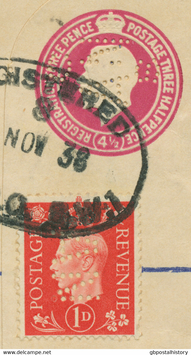 GB 1938 GV 4 1/2 D Lilac Superb Postal Stationery Registered Envelope PERFIN - Perfins
