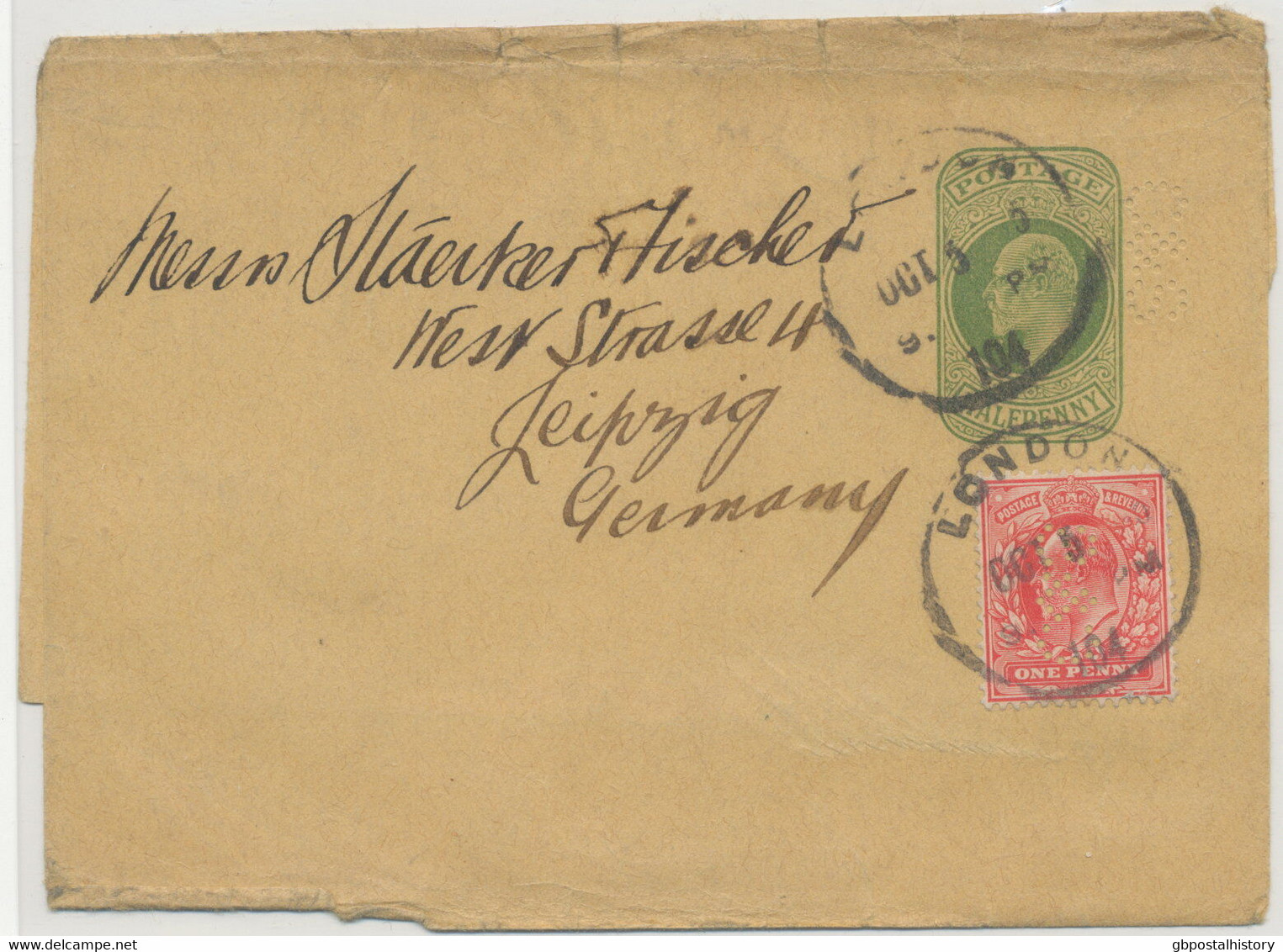 GB POSTAL STATIONERY PERFINS 1905 King EVII ½D Yellowgreen Wrapper PERFIN "C&S - Gezähnt (perforiert)