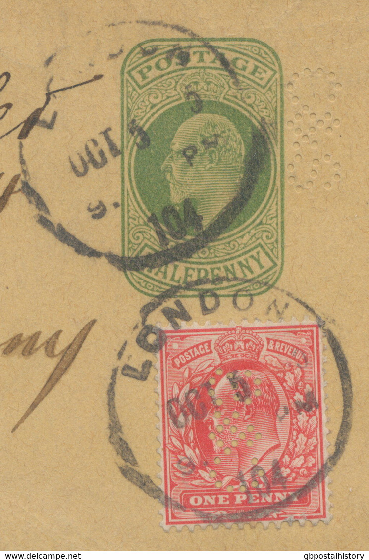 GB POSTAL STATIONERY PERFINS 1905 King EVII ½D Yellowgreen Wrapper PERFIN "C&S - Perforés