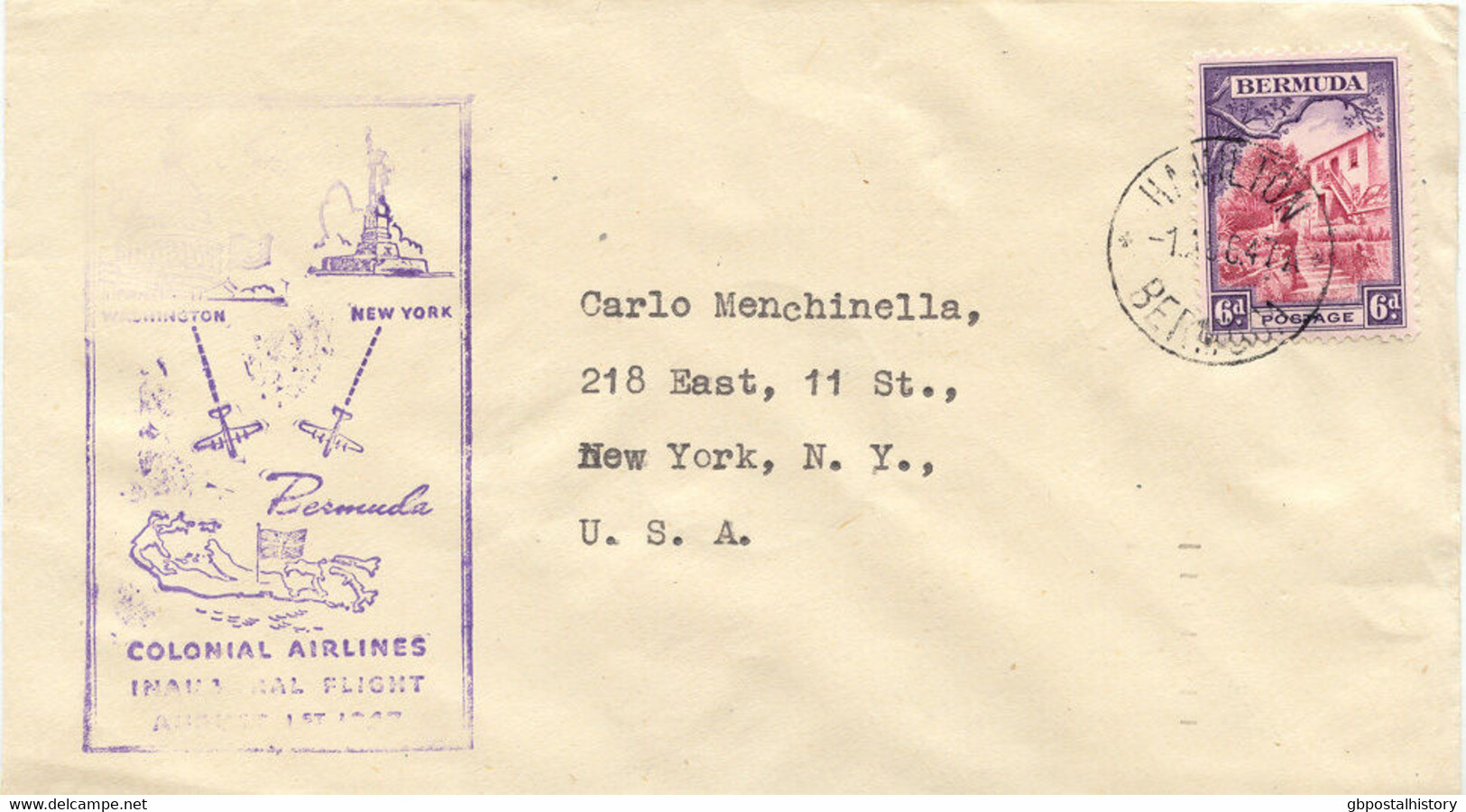 BERMUDA 1947 FIRST FLIGHT With Colonial Airlines "HAMILTON - NEW YORK, USA" - Bermudes