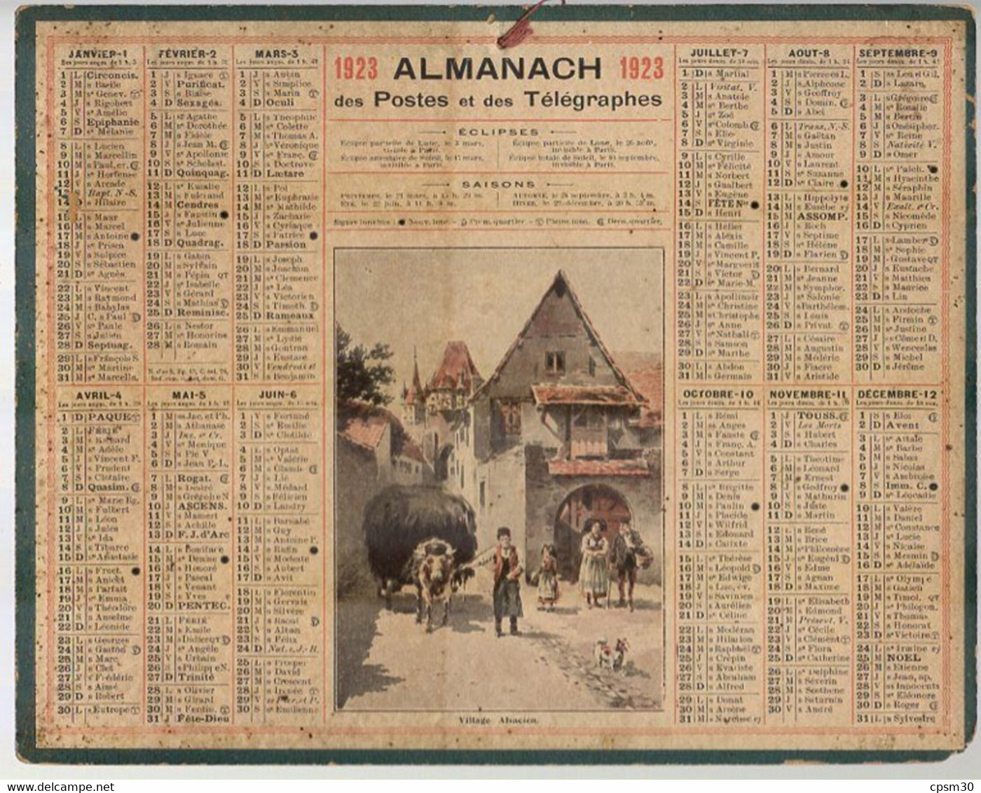 CALENDRIER GF 1923 - Village Alsacien (charrette Fourrage), Imprimeur Oberthur Rennes - Grand Format : 1921-40