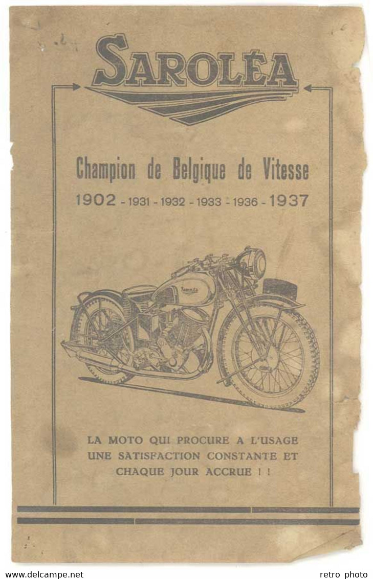 Feuille Pub Moto Sarolea, Champion De Belgique De Vitesse ... 1937 ( Dans L'état ) - Ohne Zuordnung