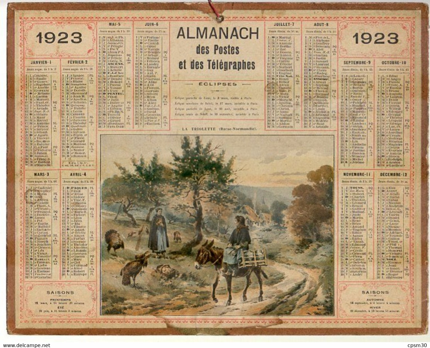 CALENDRIER GF 1923 - La Triolette (Basse-Normandie), Imprimeur Oberthur Rennes - Grand Format : 1921-40