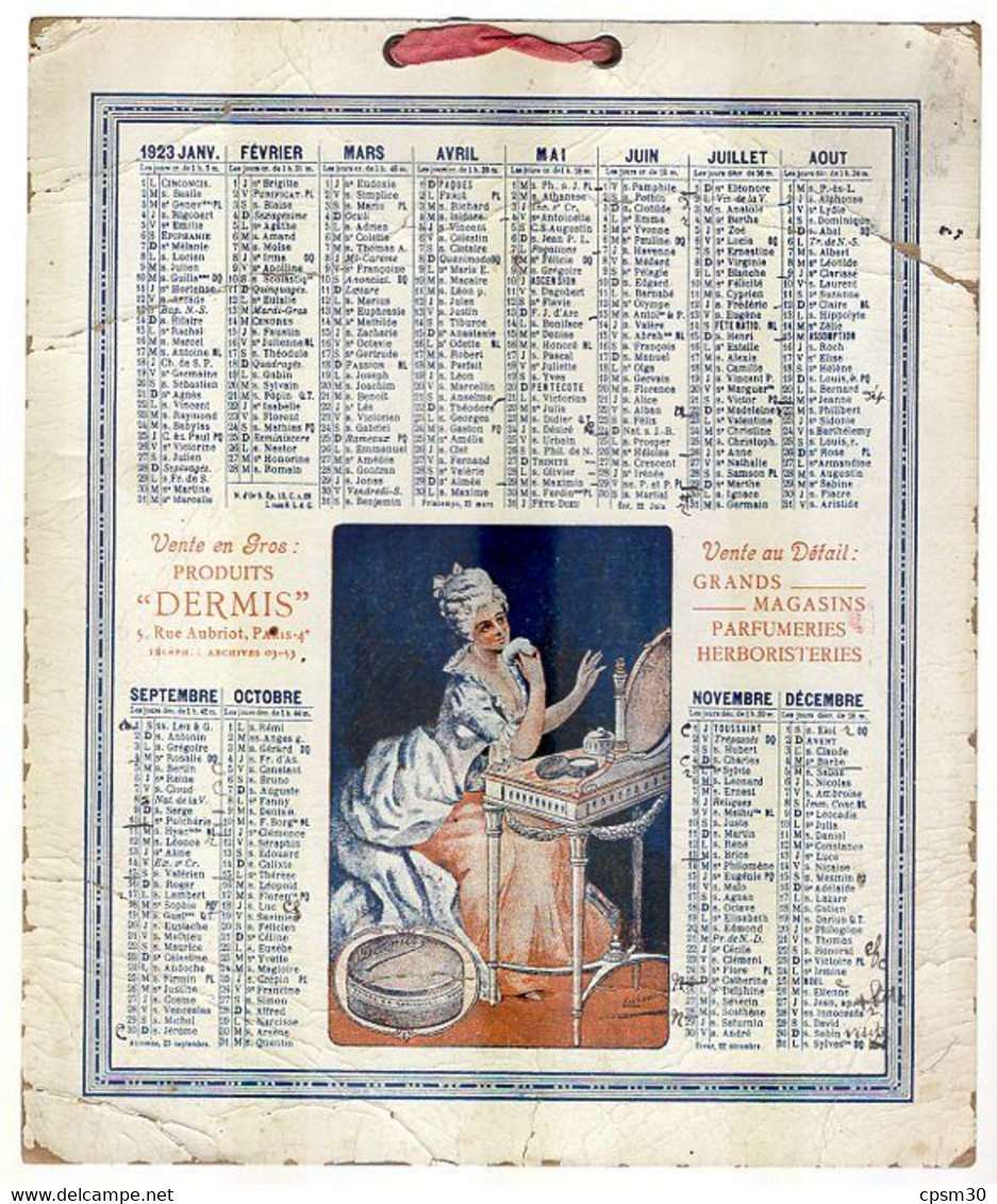 CALENDRIER GF 1923 - Grands Magasins Parfumeries Herboristeries, Produits DERMIS Rue Aubriot Paris - Grand Format : 1921-40