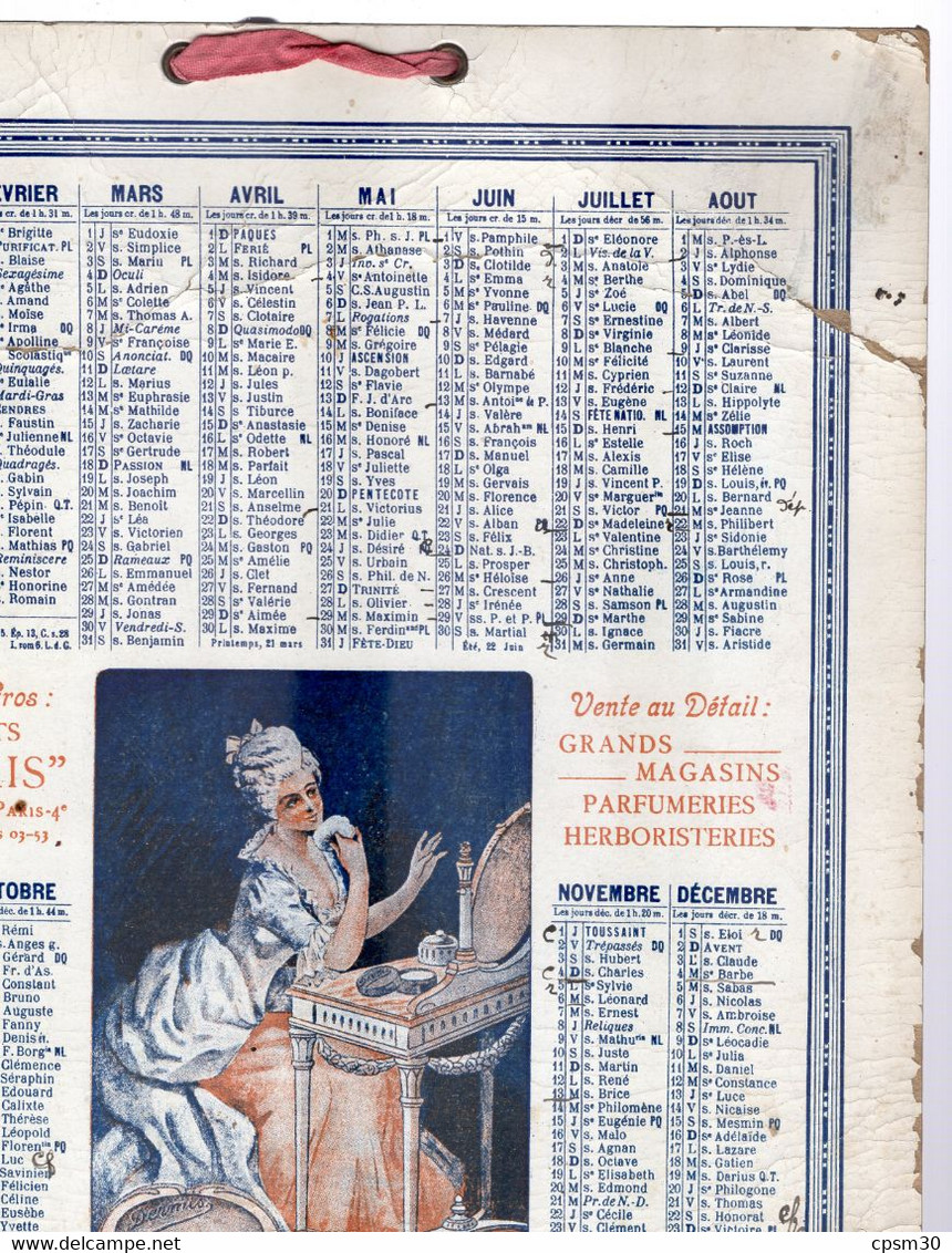 CALENDRIER GF 1923 - Grands Magasins Parfumeries Herboristeries, Produits DERMIS Rue Aubriot Paris - Grand Format : 1921-40