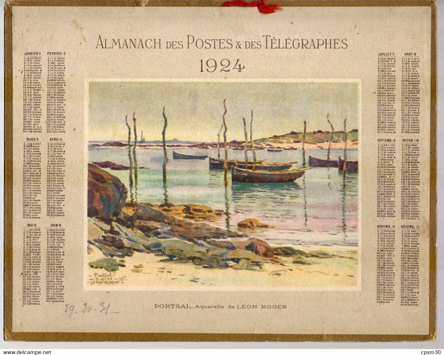 CALENDRIER GF 1924 - PORTSAL Aquarelle De Léon Roger, Imprimeur Oberthur Rennes - Grand Format : 1921-40