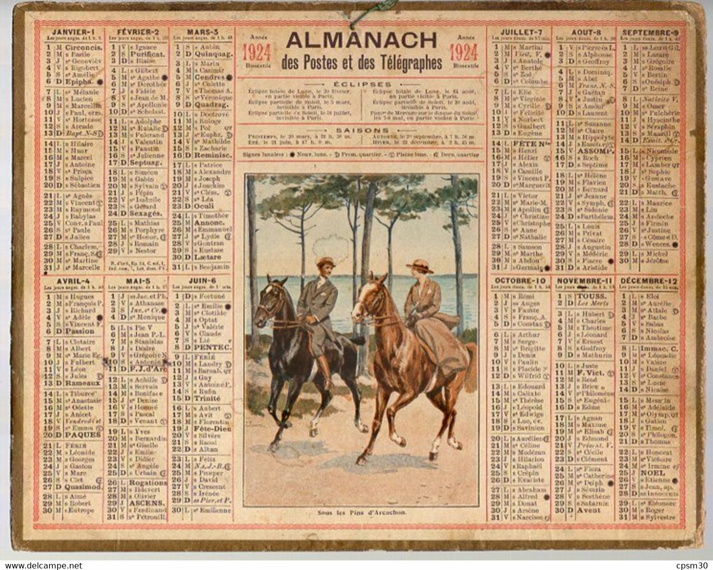 CALENDRIER GF 1924 - Promenade à Cheval Sous Les Pins D'Arcachon, Imprimeur Oberthur Rennes - Grand Format : 1921-40