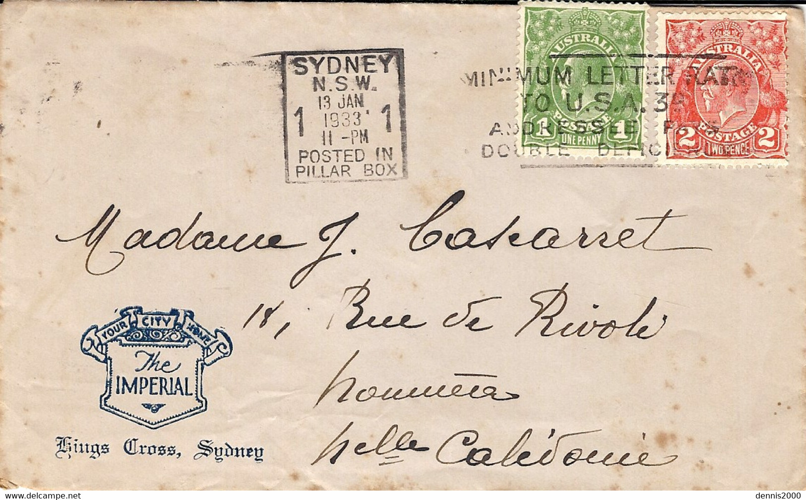 1933- Cover From Sydney To New-Caledonia  Fr. 3 Pence ( 2 +1 ) - Covers & Documents