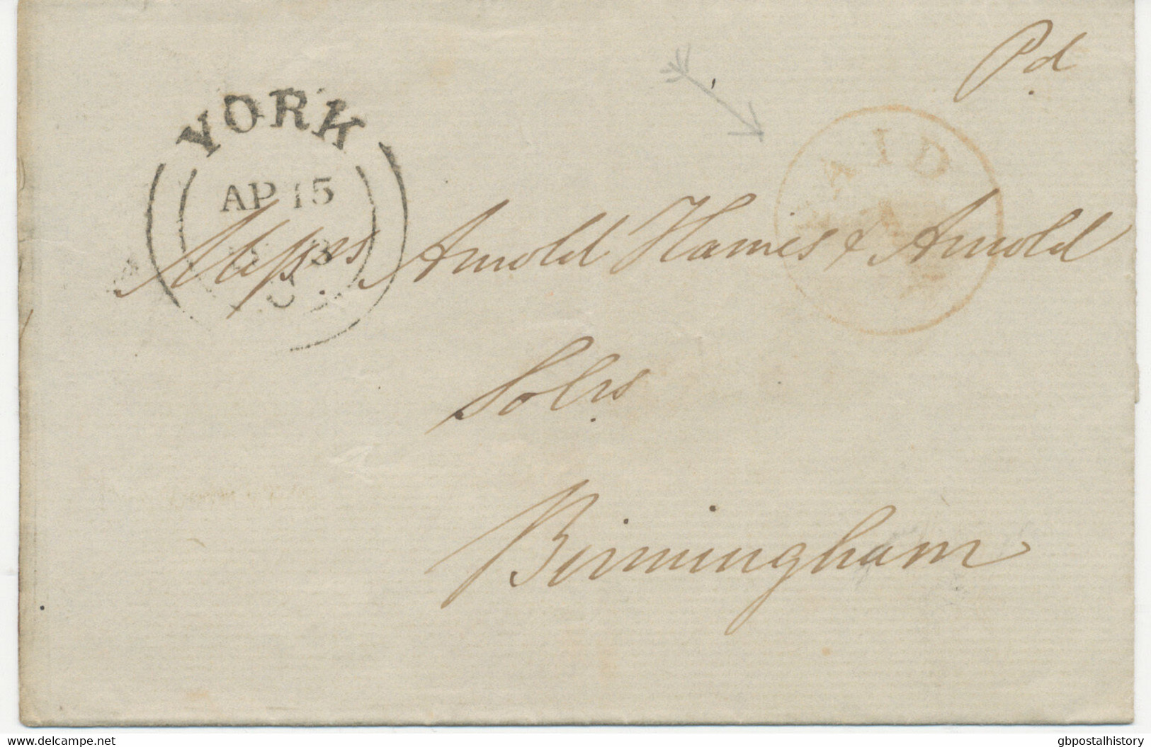 GB 1843 Fine Entire From „YORK“ To „BIRMINGHAM“ (circular Dated, Double Arcs) - Briefe U. Dokumente
