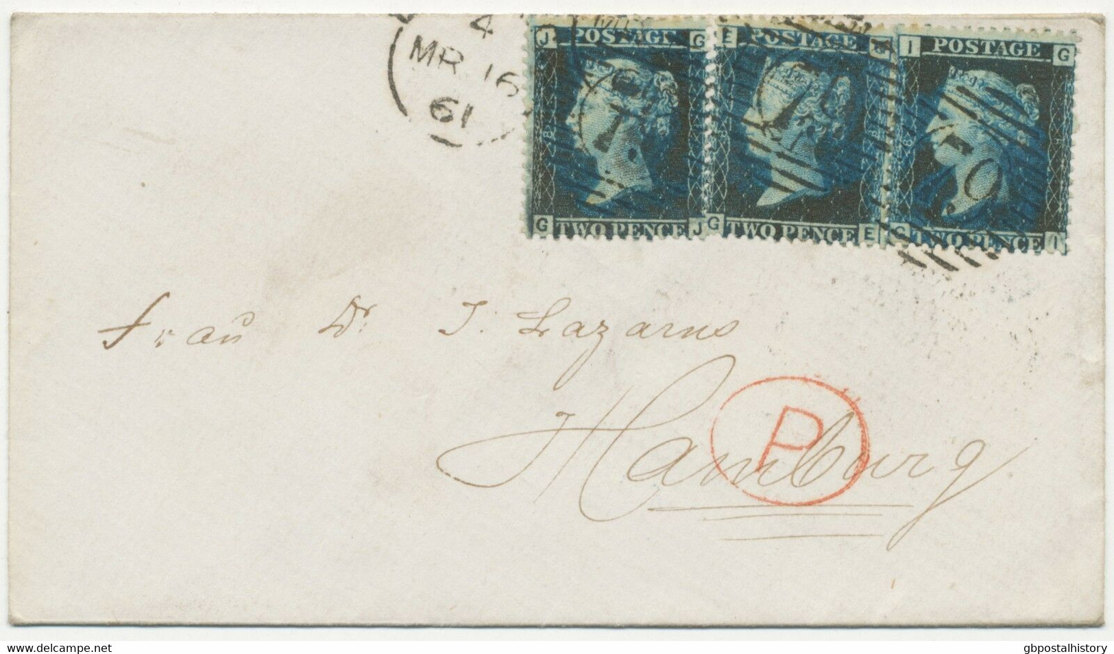 GB 1861 QV 2d Blue Pl.8 (3x GE,GI,GJ) Very Rare Multifranking Superb Cvr "79" - Briefe U. Dokumente