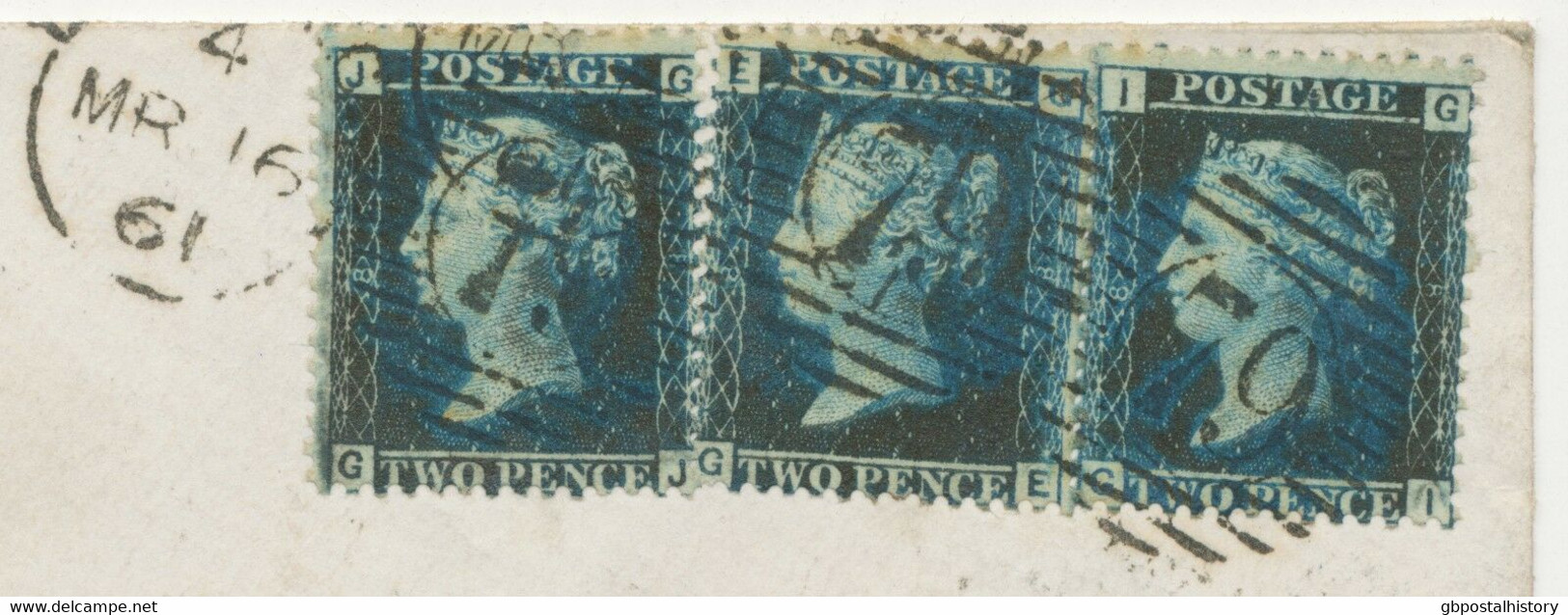GB 1861 QV 2d Blue Pl.8 (3x GE,GI,GJ) Very Rare Multifranking Superb Cvr "79" - Brieven En Documenten