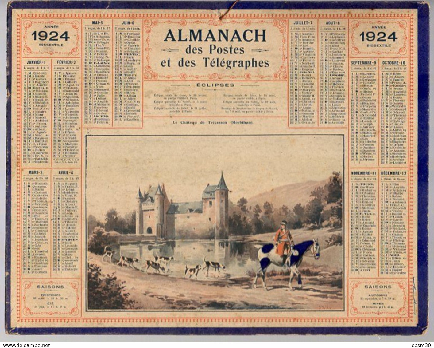 CALENDRIER GF 1924 - Chasse à Courre Au Château De Trécesson Morbihan, Imprimeur Oberthur Rennes - Grand Format : 1921-40