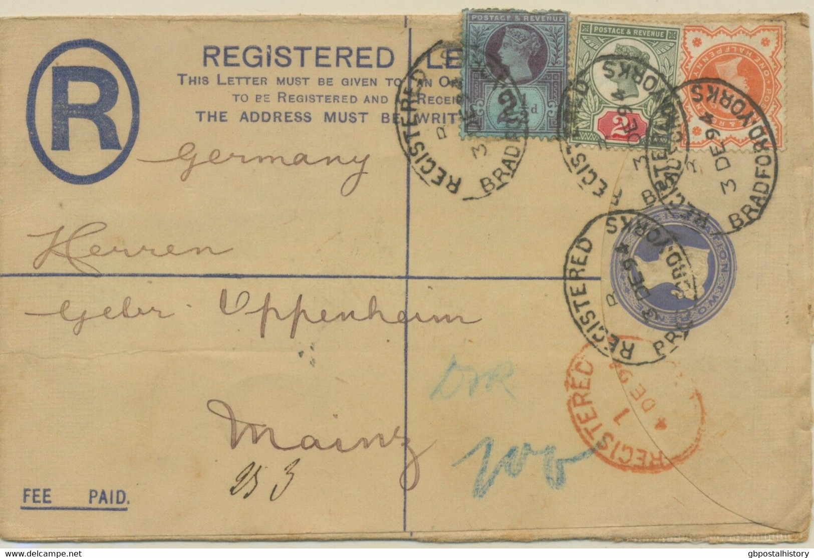 GB 1894 QV 2D PS Uprated Jubilee ½D 2D 2½D Jubilee REGISTERED / BRADFORD.YORKS - Cartas & Documentos