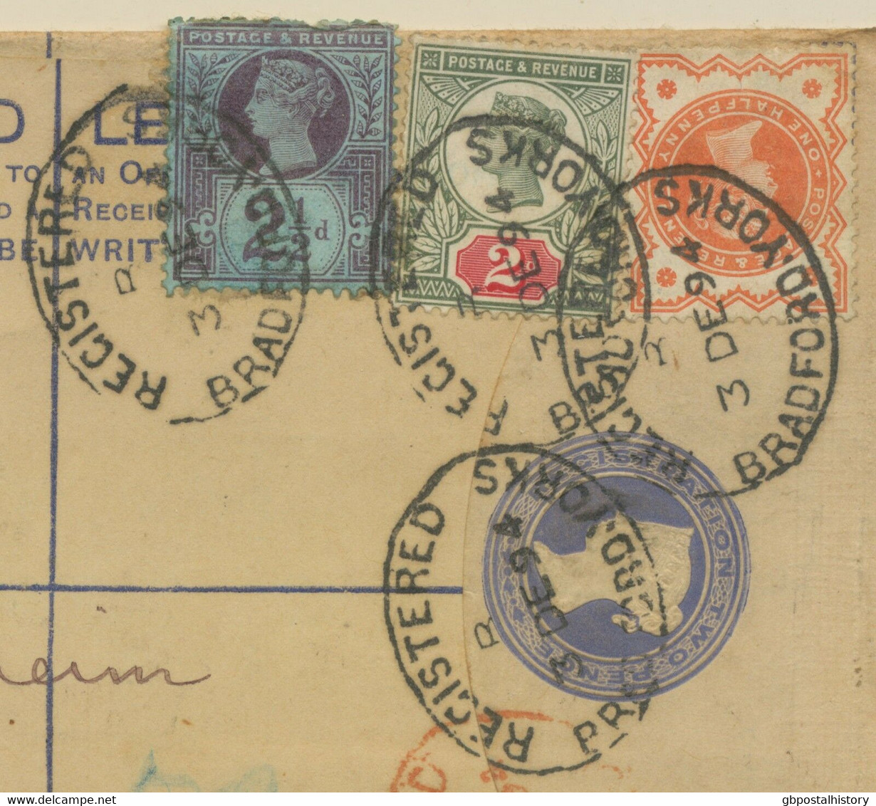 GB 1894 QV 2D PS Uprated Jubilee ½D 2D 2½D Jubilee REGISTERED / BRADFORD.YORKS - Cartas & Documentos