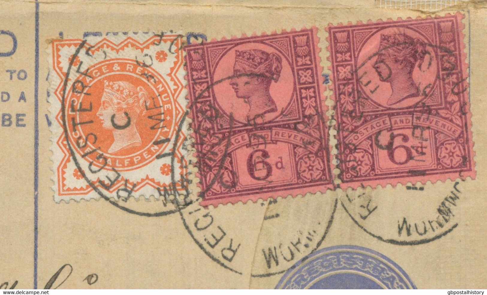 GB 1896 QV 2D PS Uprated Jubilee ½ D 6 D (2x) REGISTERED / NORWOOD-St.B.O.E.C. - Lettres & Documents