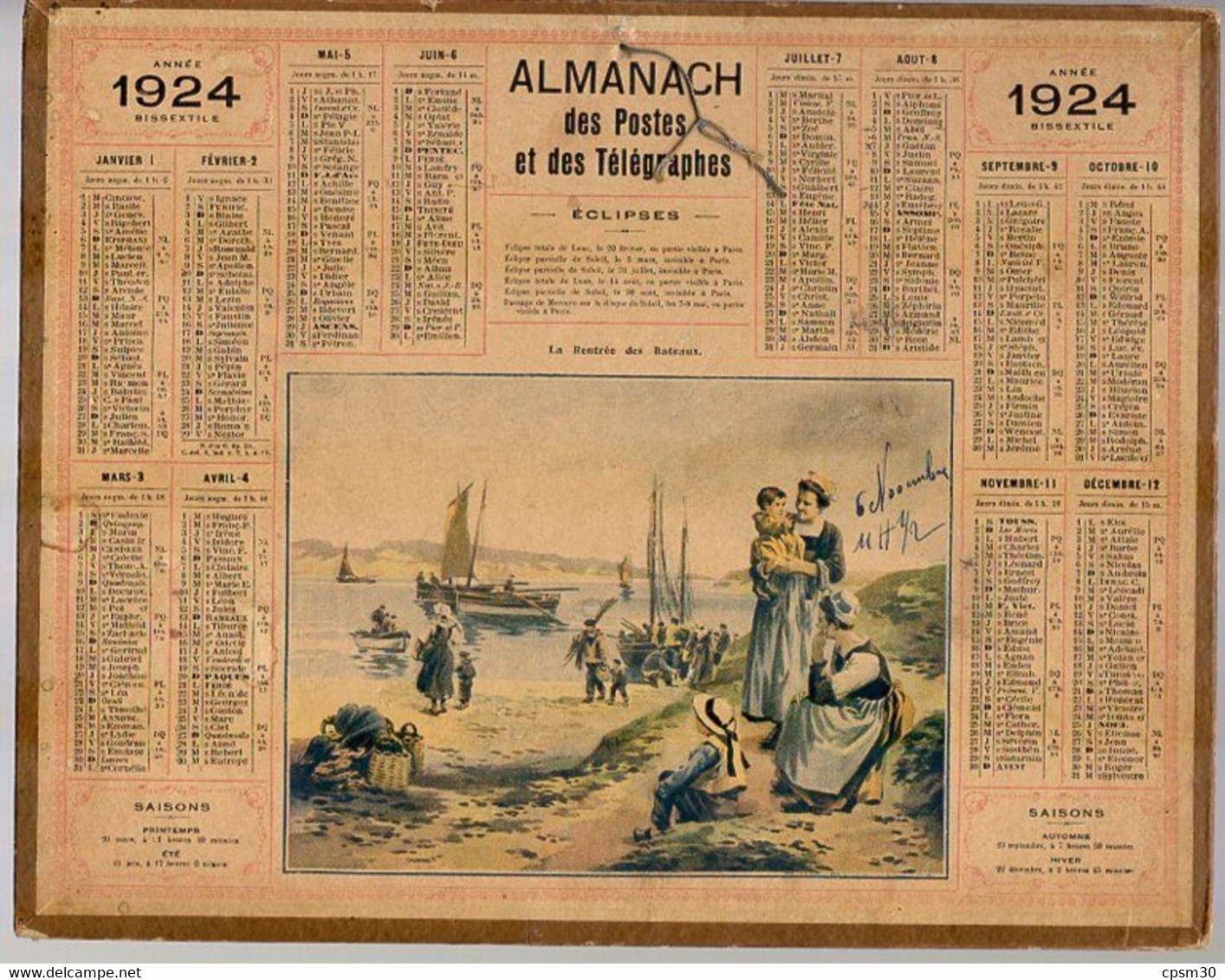 CALENDRIER GF 1924 - La Rentrée Des Bateaux (??Bretagne??), Imprimeur Oberthur Rennes - Grand Format : 1921-40