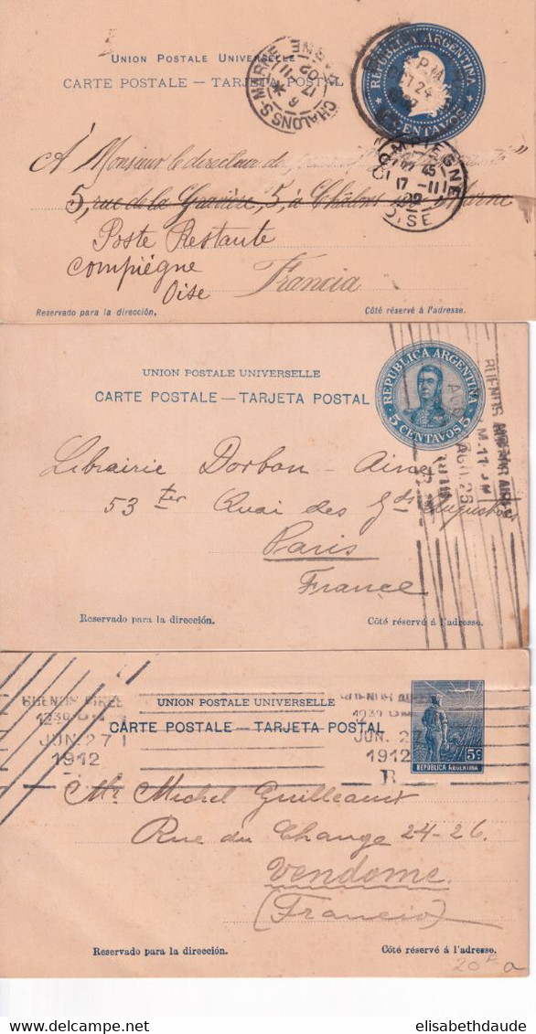 ARGENTINA - 1902/1912 - ENTIER POSTAL - 3 CARTES VOYAGEES ! => FRANCE Dont Une REEXPEDITION POSTE RESTANTE ! - Interi Postali
