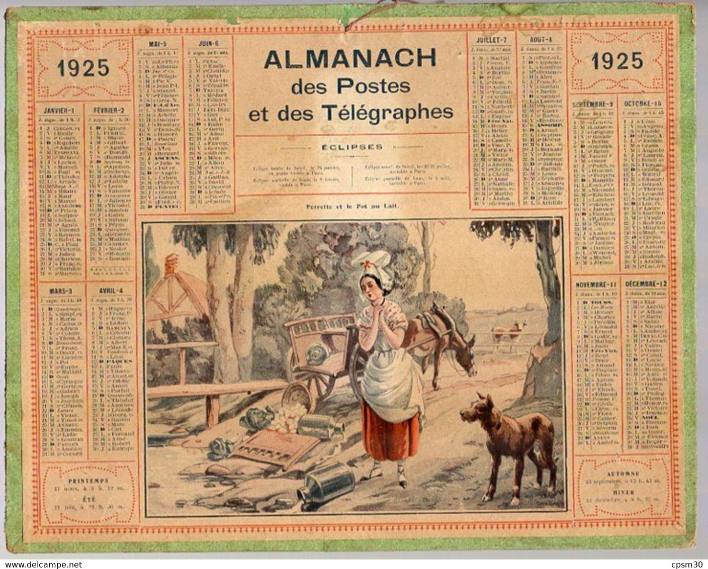 CALENDRIER GF 1925 - Perrette Et Le Pot Au Lait, Imprimeur Oberthur Rennes - Grand Format : 1921-40