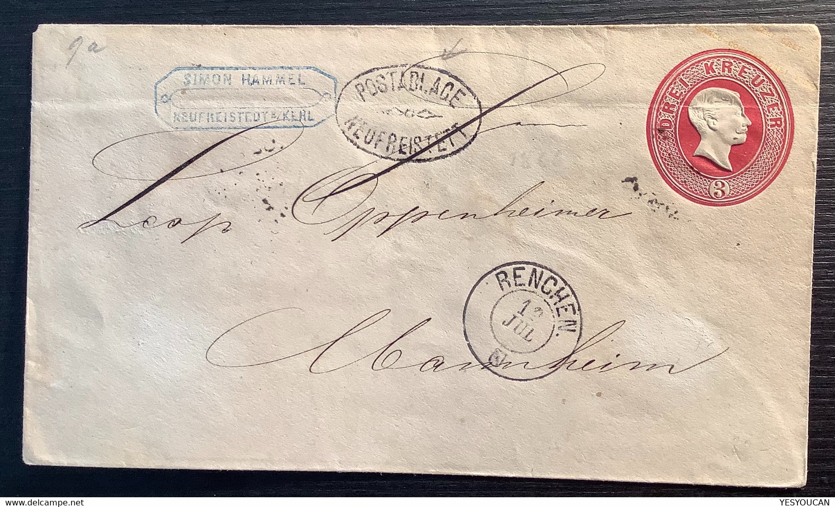POSTABLAGE NEUFREISTETT + RENCHEN 1866 Ganzsache > Mannheim (Baden Brief Kehl Cover - Postal  Stationery