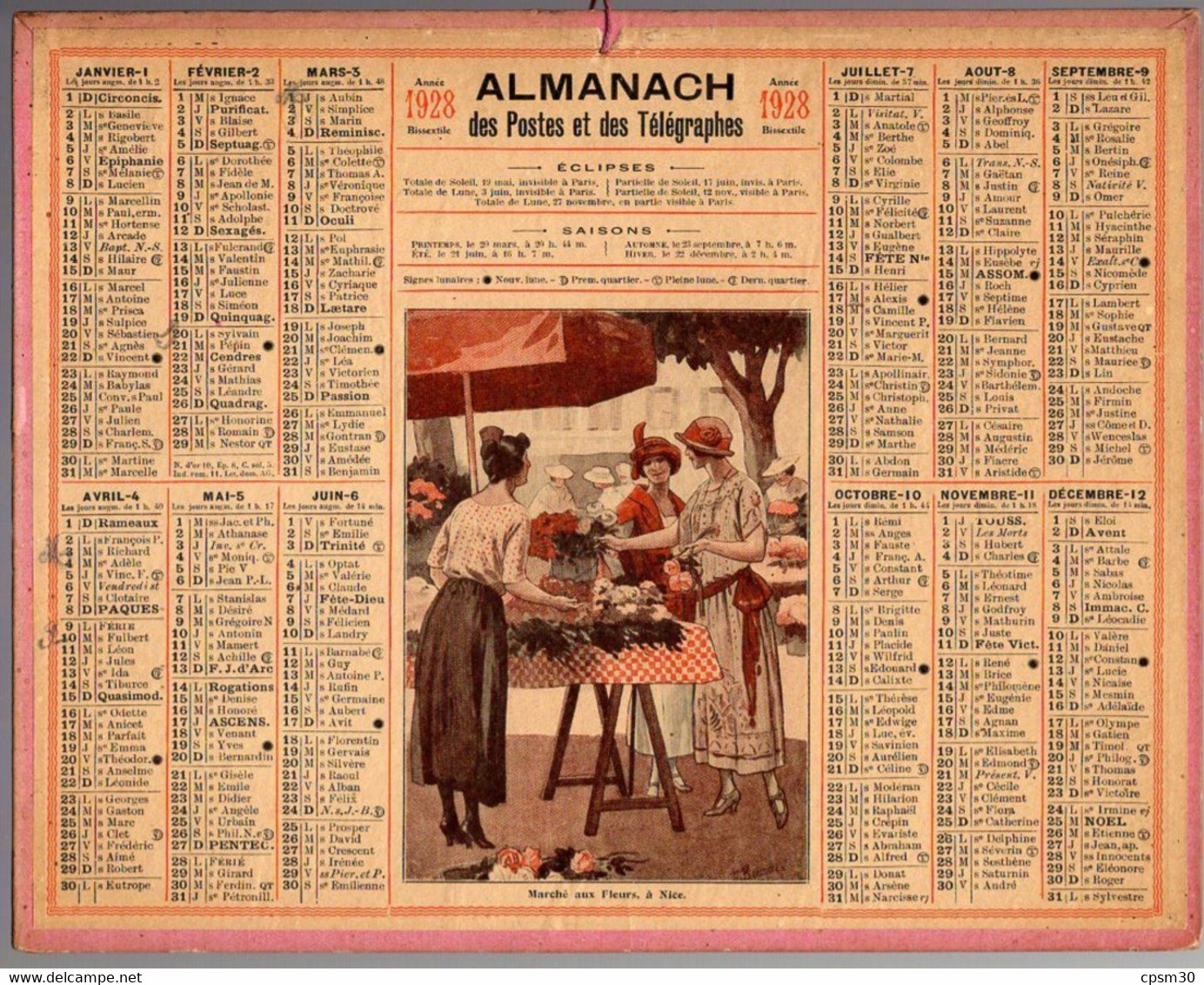 CALENDRIER GF 1928 - Marché Aux Fleurs à Nice, Imprimeur Oberthur Rennes - Grand Format : 1921-40