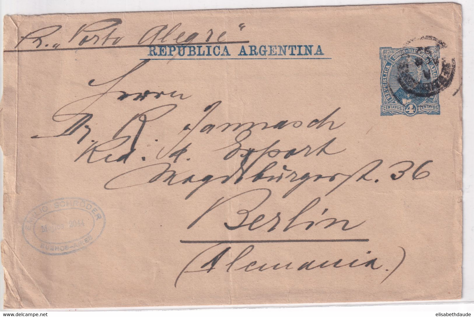 ARGENTINA - 1892 - ENTIER POSTAL - BANDE Par PAQUEBOT "PORTO ALLEGRE" => BERLIN - Postal Stationery