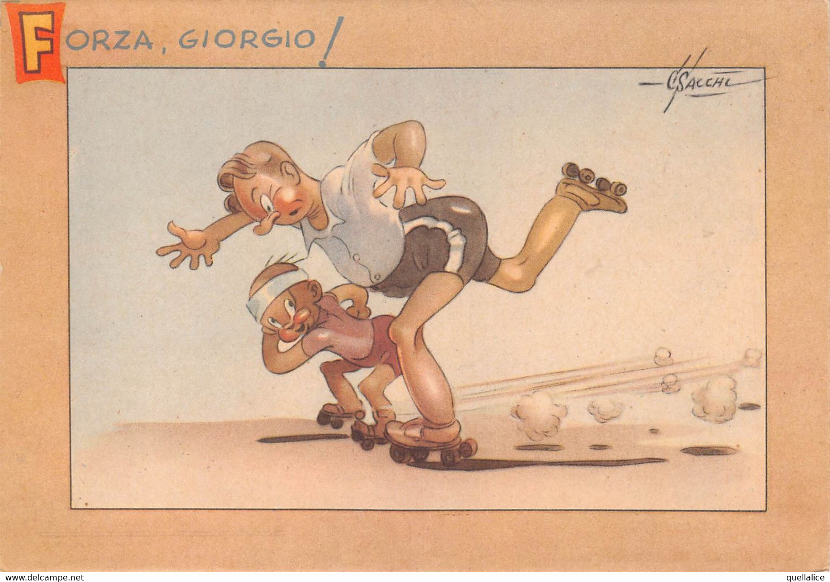 02414 "FORZA GIORGIO! - FAI GIRARE LE ROTELLE"  ANIMATA, HUMORSTICA, FIRMATA G. SACCHI. CART NON SPED - Kunstschaatsen