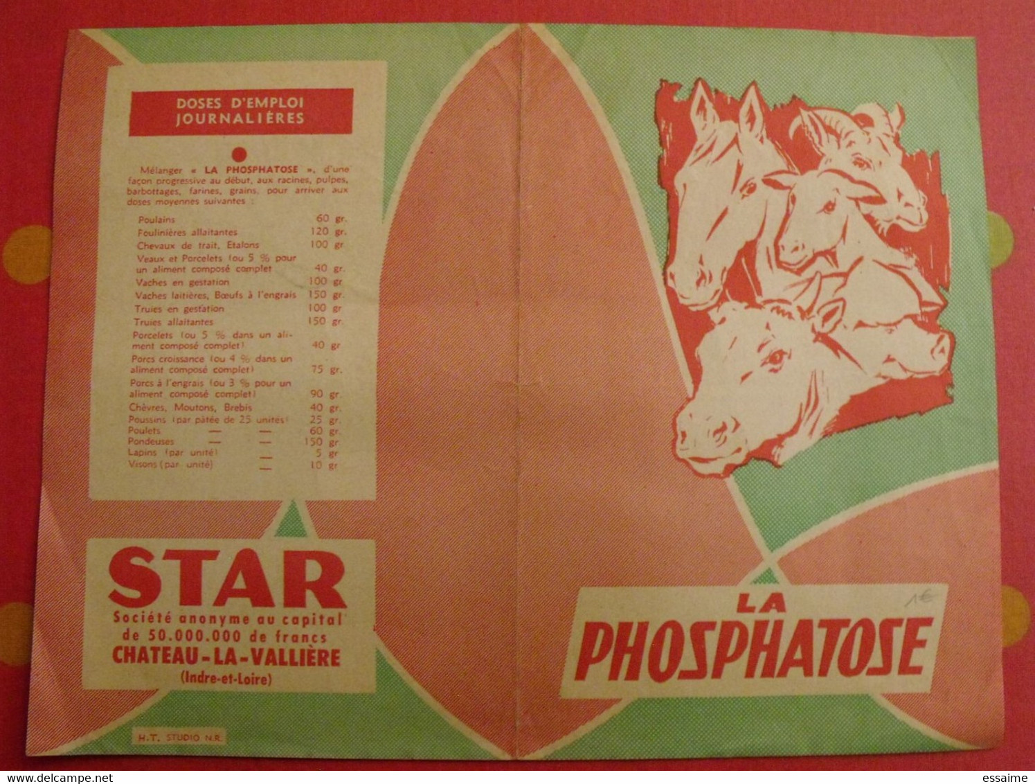 Publicité Aliment Star, La Phosphatose. Vache Porc Volailles. Château-la-Vallière (indre Et Loire), Tours. Vers 1950. - Werbung