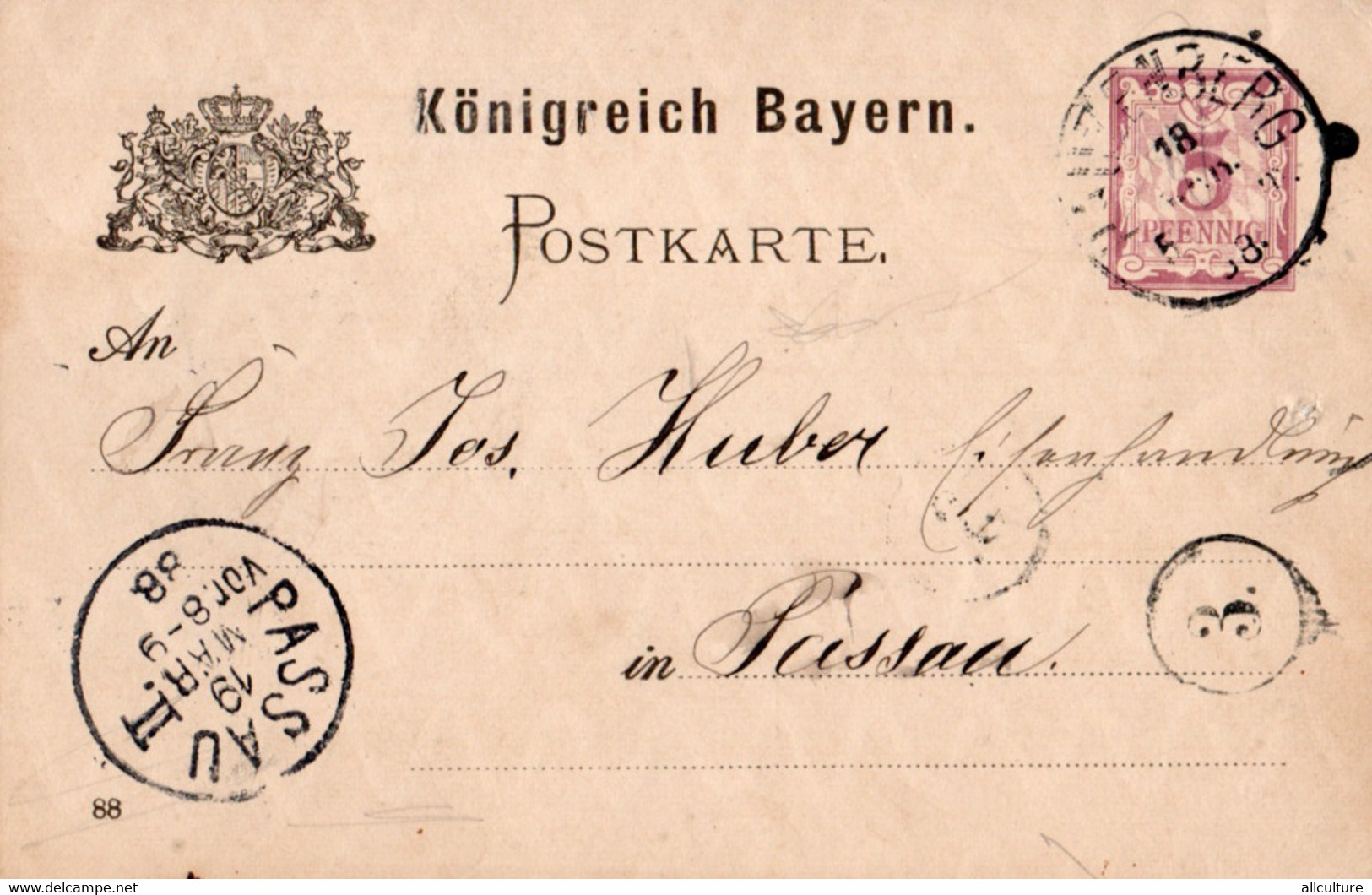 A1078- KONIGREICH BAYERN POSTKARTE 1888 STATIONERY STAMPED  PASSAU STAMP  PAUZENBERG - Autres & Non Classés