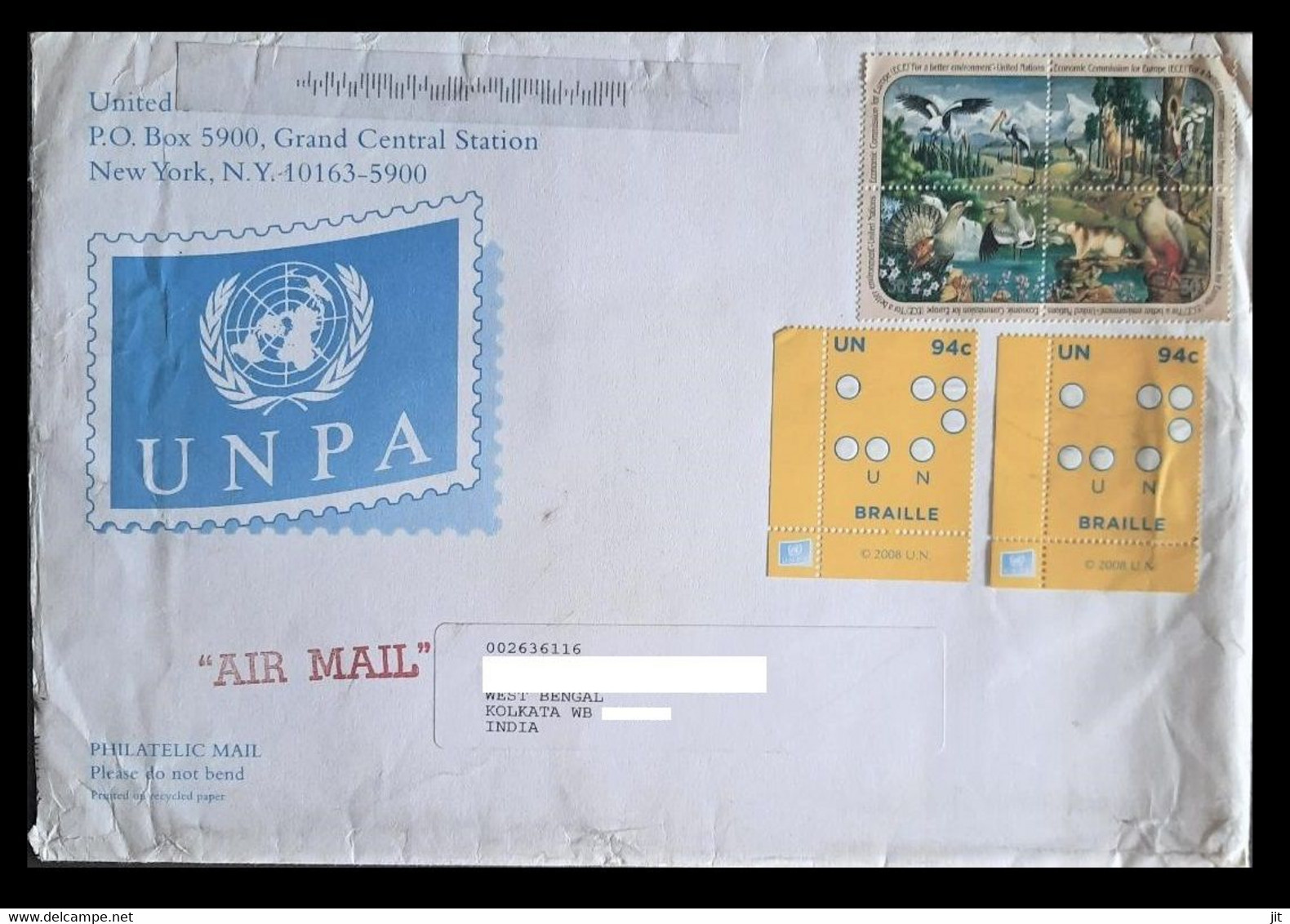 157. UNITED NATIONS USED REGULAR AIRMAIL ENVELOPE COVER FROM UN TO INDIA WITH BRAILLE , FLORA &  FAUNA  STAMP. - Poste Aérienne