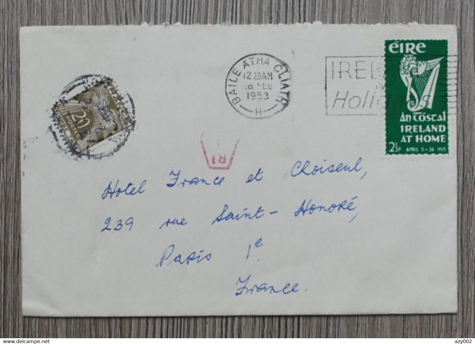 IRLANDE - Enveloppe 1953 Timbre(Harpe Celtique) N° 118 Pour Paris - Taxée En France (Timbre Taxe Gerbe 20F) - Briefe U. Dokumente