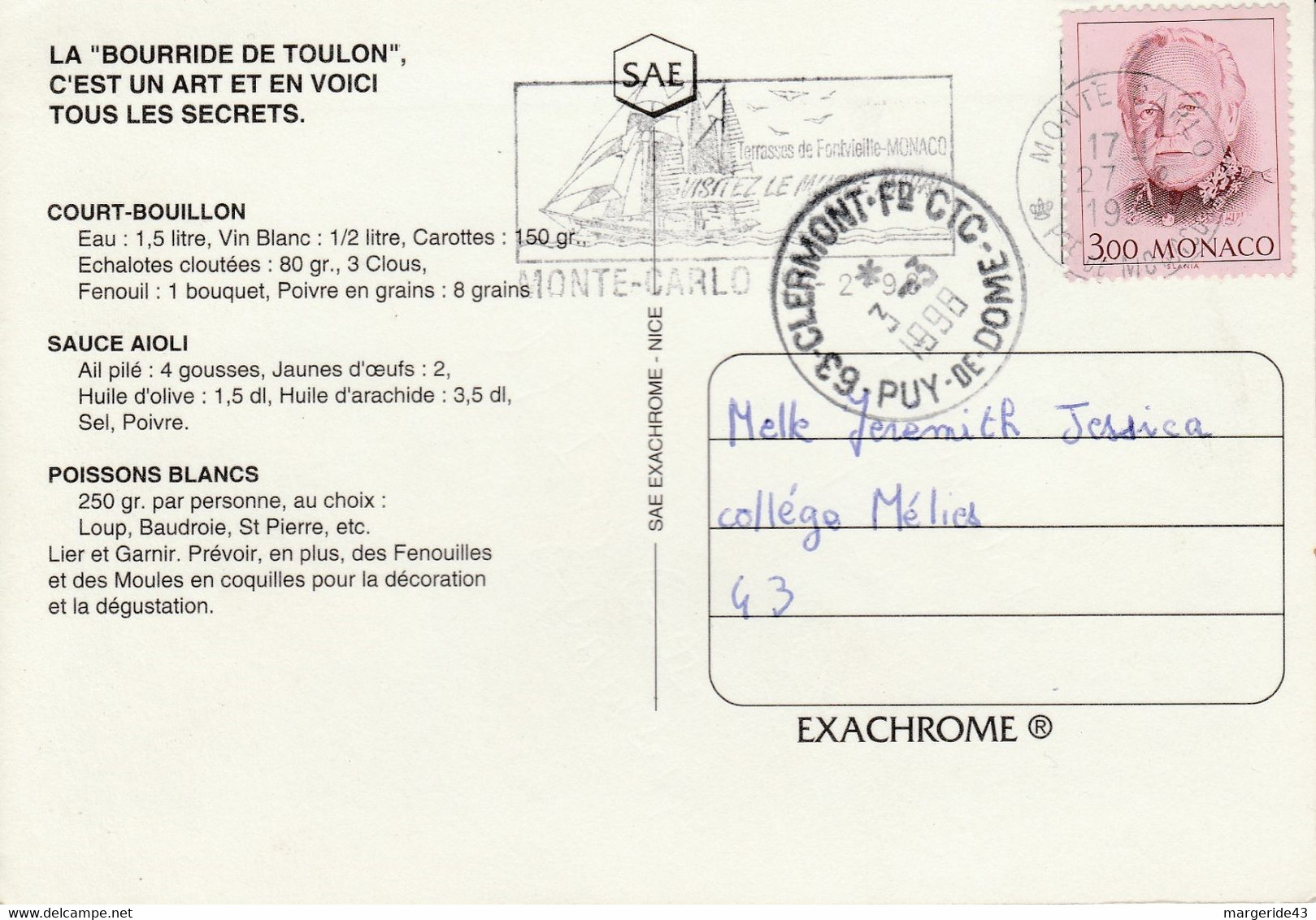 MONACO SEUL SUR CARTE POUR LA FRANCE 1998 - Covers & Documents