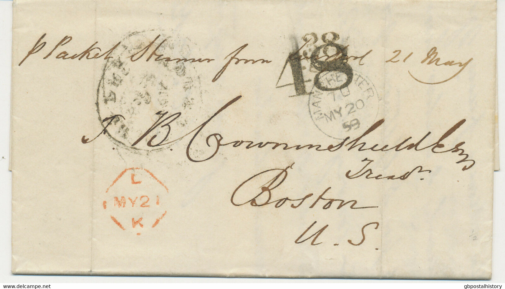 GB 1859 Superb Maritime Mail MANCHESTER – LIVERPOOL - BOSTON, USA - Brieven En Documenten