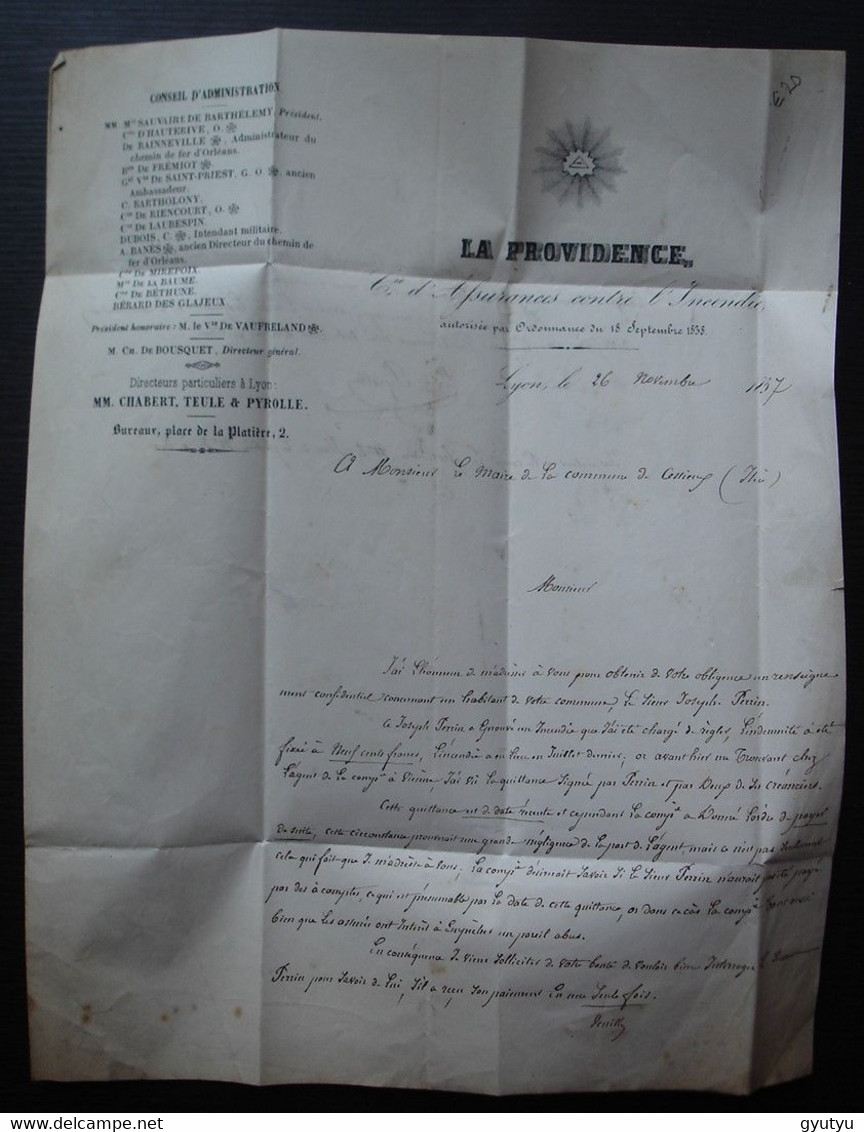 Lyon A 1857 Lettre Pour Le Maire De Cessieu, Arrondissement De Bourgoin (Isère) - 1849-1876: Période Classique