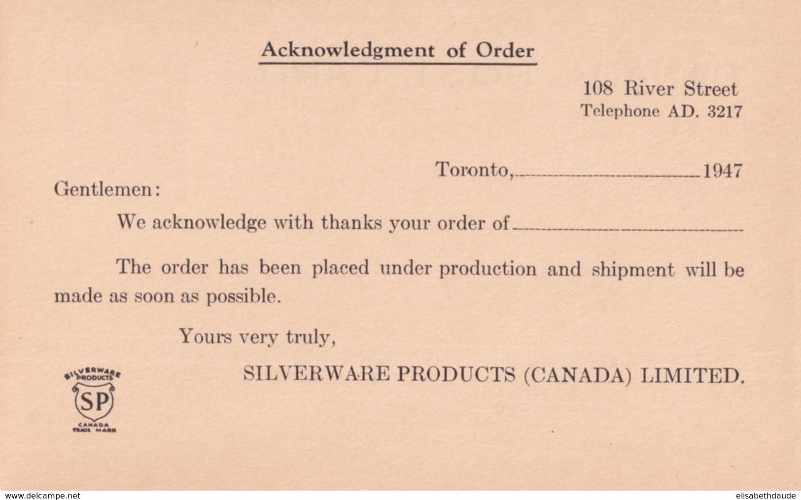 CANADA - 1947 - ENTIER POSTAL Avec REPIQUAGE PRIVE - CARTE AVIS DE RECEPTION De COMMANDE SILVERWARE PRODUCTS De TORONTO - 1903-1954 Reyes