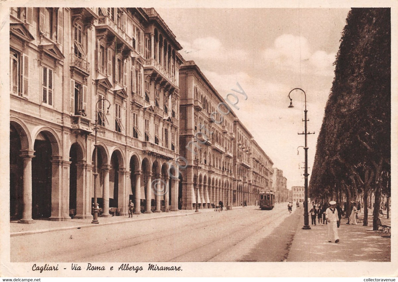 Cartolina Cagliari Via Roma Albergo Miramare Animata Marinaio 1937 - Cagliari