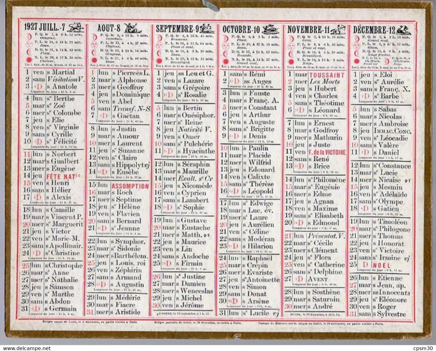 CALENDRIER GF 1927 - Sans Texte Et Sans Photo-image, édition Des P&T - Tamaño Grande : 1921-40