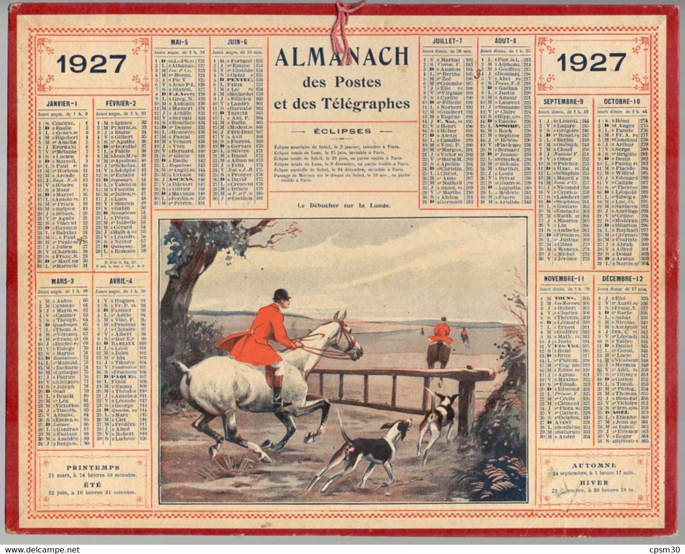 CALENDRIER GF 1927 - Le Débucher Sur La Lande (chasse à Courre), Imprimeur Oberthur, Feuillets Tunisie - Grand Format : 1921-40