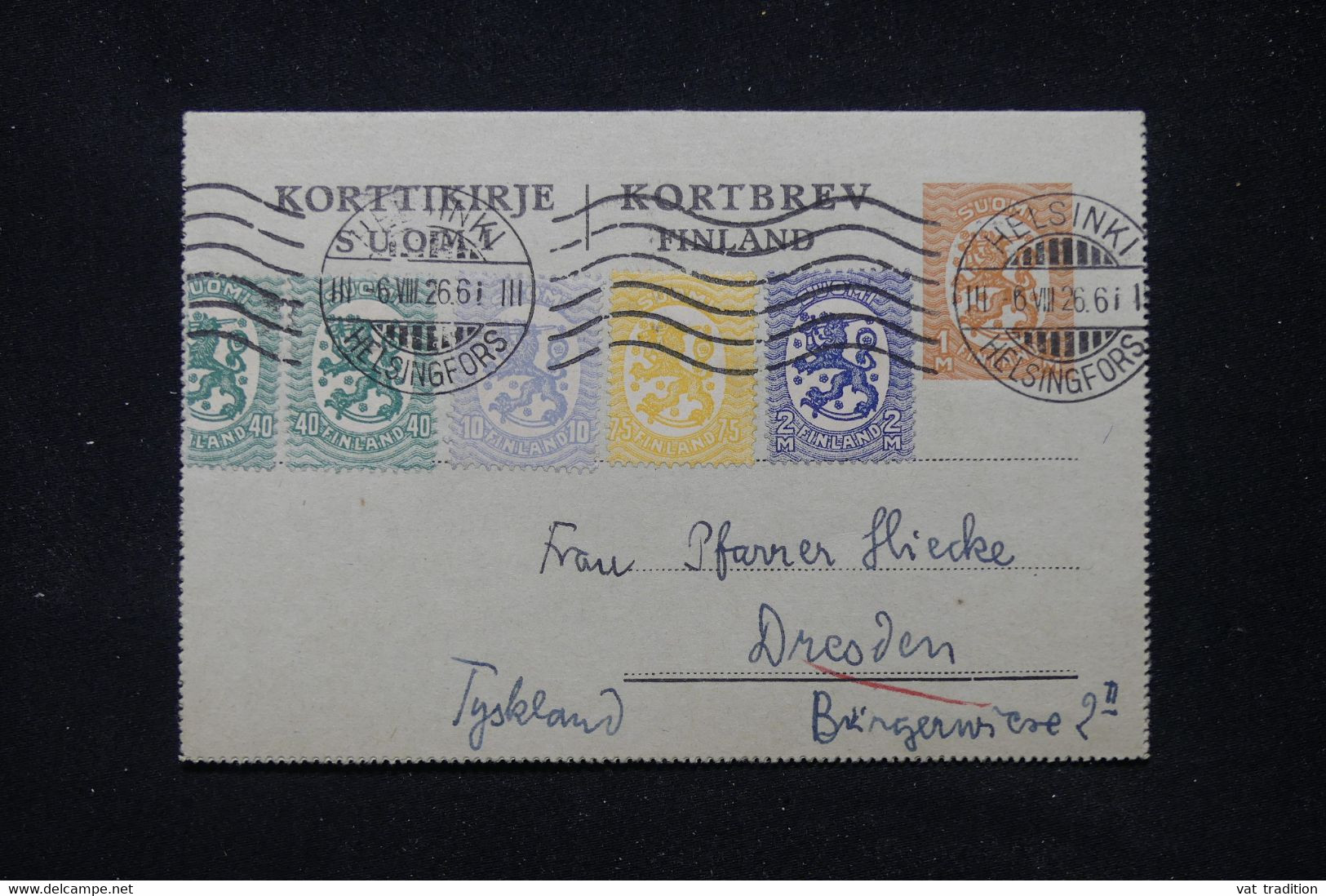 FINLANDE - Entier Postal + Compléments De Helsinki Pour Dresden En 1926  - L 91647 - Postwaardestukken