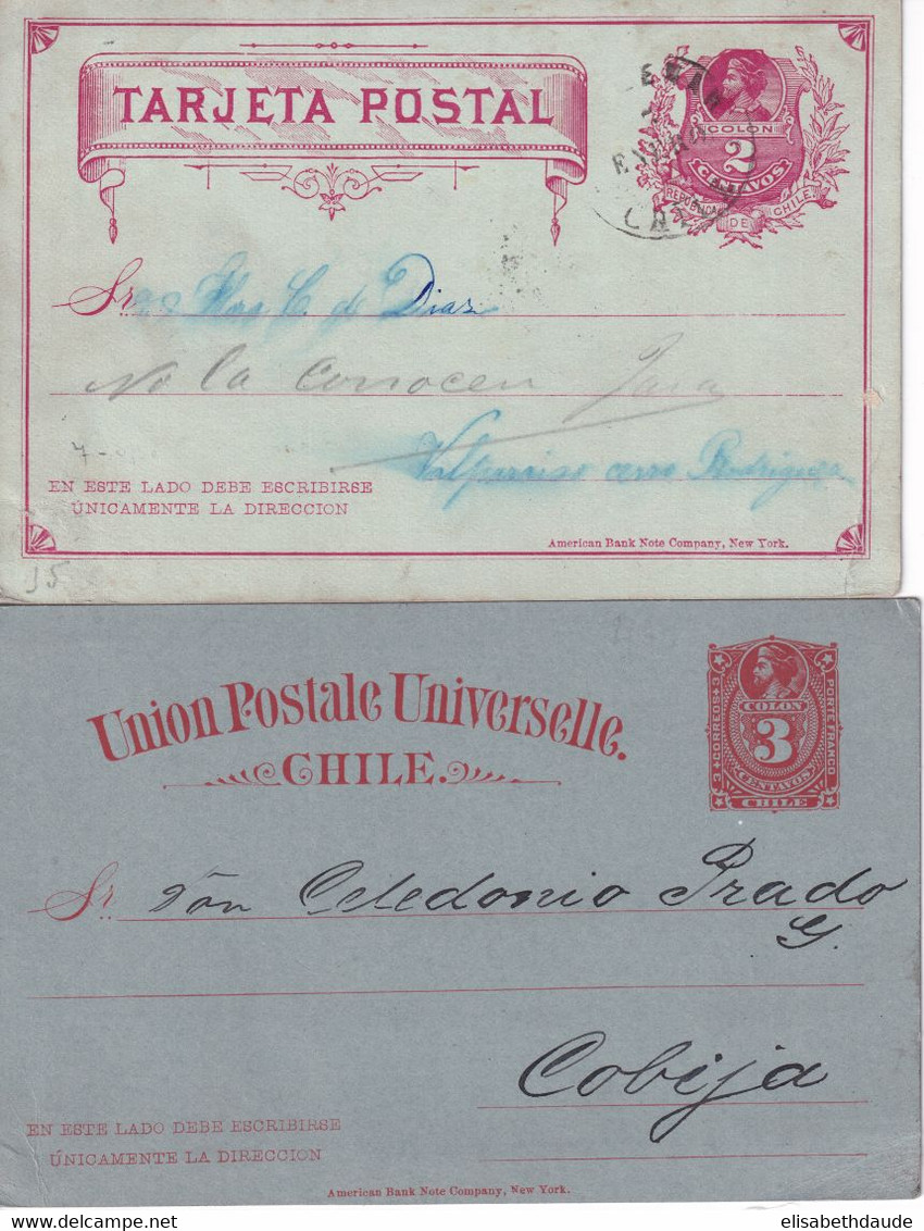 CHILI - 1886 + 1894 - ENTIER POSTAL - 2 CARTES (UNE A BORD Du VAPEUR "PENTAUR") - TARIF INTERIEUR - Chili