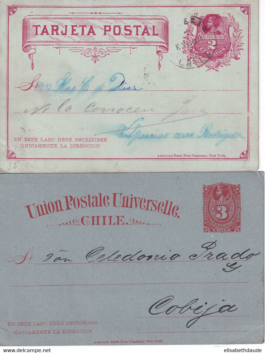 CHILI - 1886 + 1894 - ENTIER POSTAL - 2 CARTES (UNE A BORD Du VAPEUR "PENTAUR") - TARIF INTERIEUR - Chile