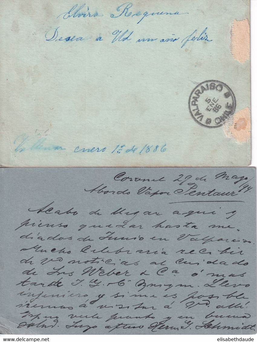 CHILI - 1886 + 1894 - ENTIER POSTAL - 2 CARTES (UNE A BORD Du VAPEUR "PENTAUR") - TARIF INTERIEUR - Chile