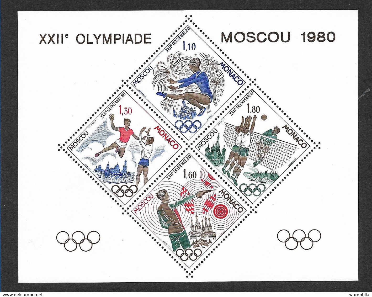 Monaco Bloc Spécial Gommé N°11** Des Timbres N°1218/1221**. 1980 J.O De Moscou. Cote 300€ - Tir (Armes)